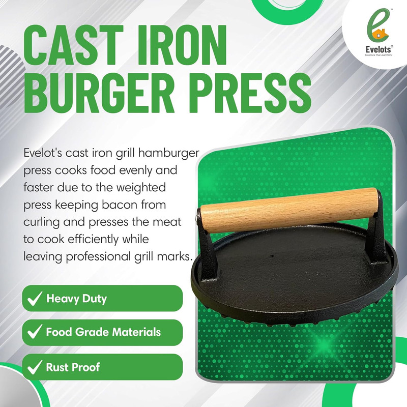Cast Iron Burger Press, Pre-Seasoned Grill Smasher with Wood Handle gallery