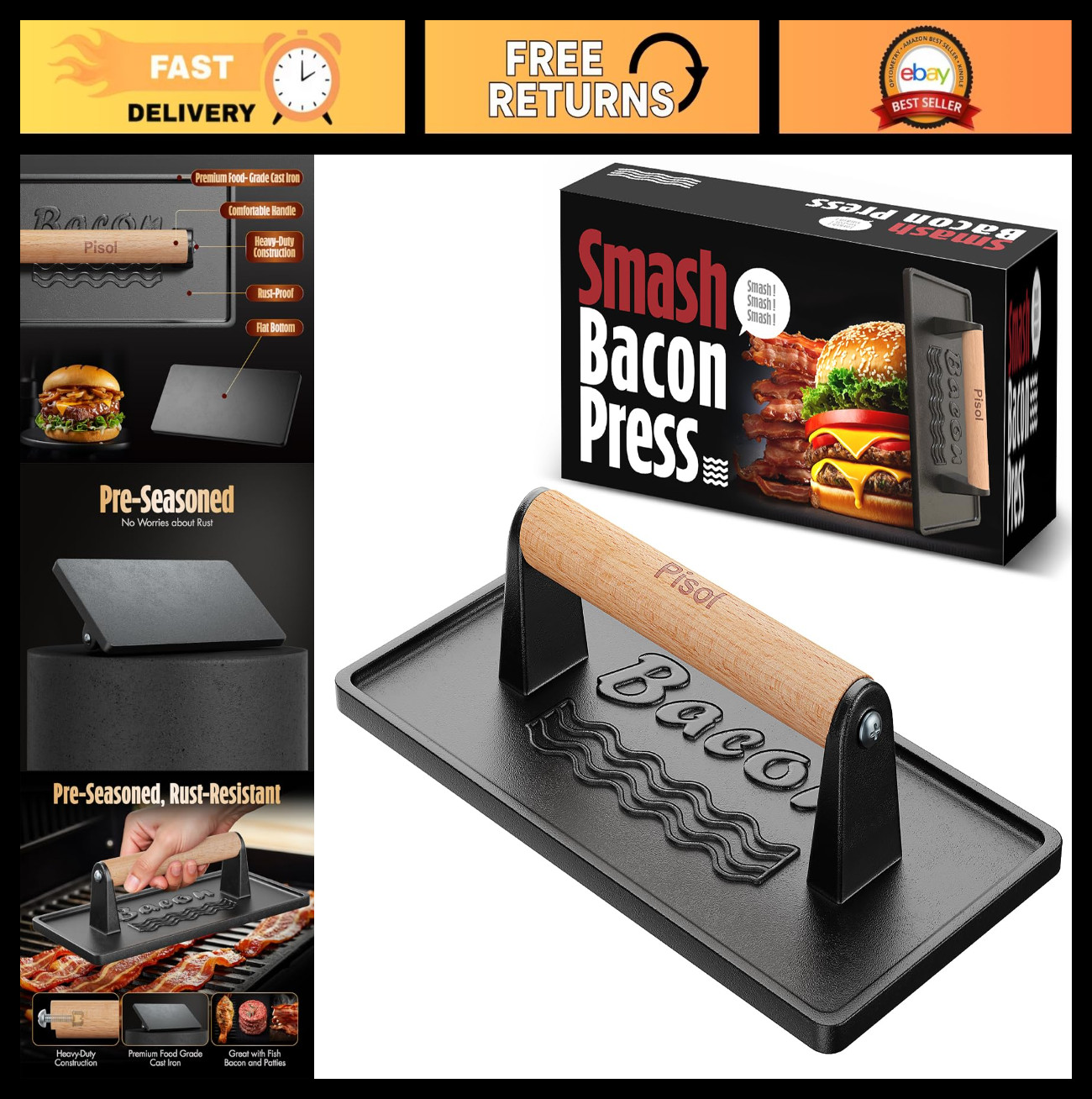 Heavy-Duty Cast Iron Bacon & Burger Press Tool - Pre-Seasoned, 2 lb, Wood Handle gallery