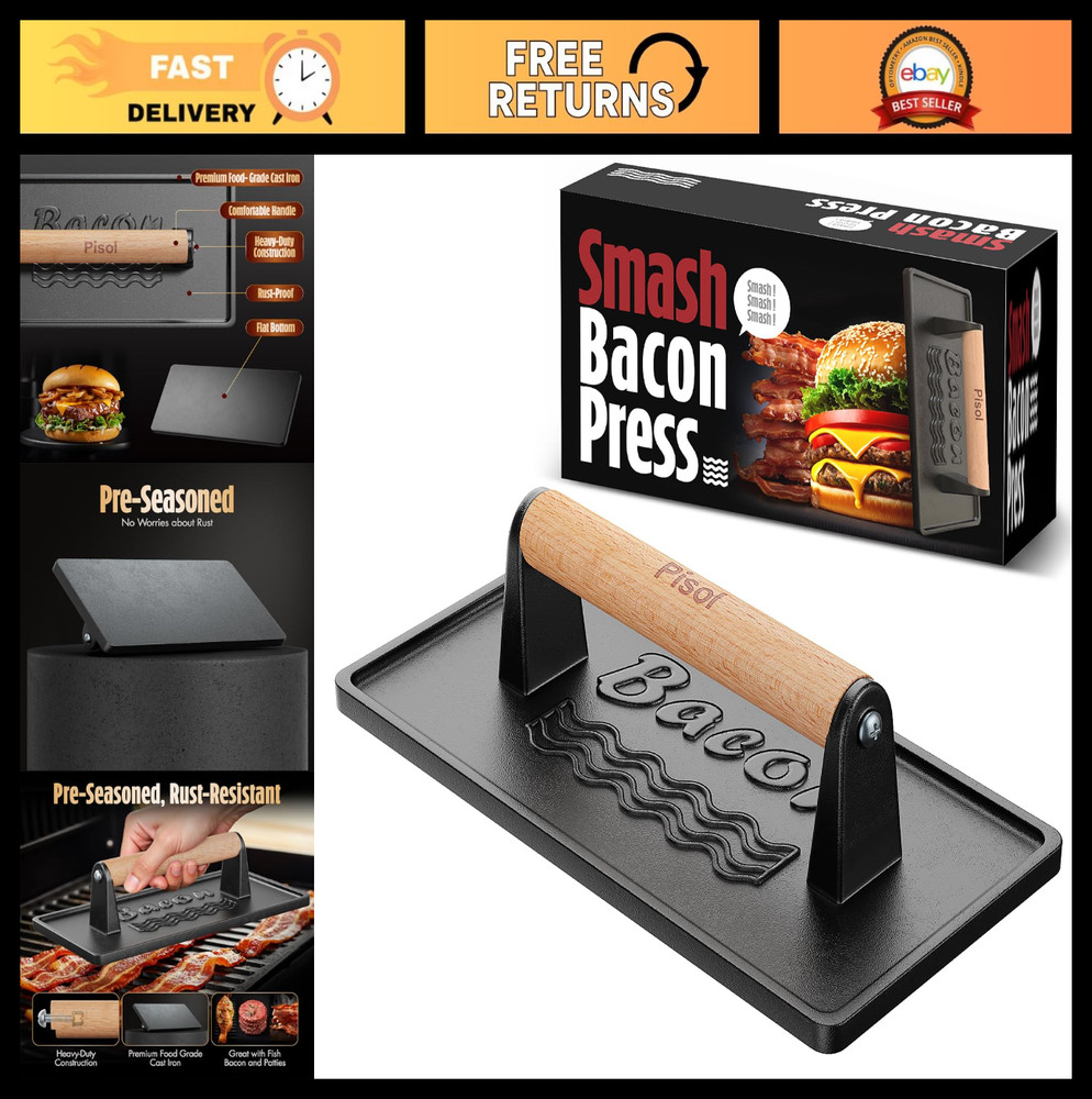 Heavy-Duty Cast Iron Bacon & Burger Press Tool - Pre-Seasoned, 2 lb, Wood Handle