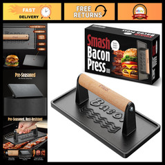Heavy-Duty Cast Iron Bacon & Burger Press Tool – Pre-Seasoned, 2 lb, Wood Handle