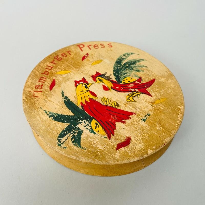 Vintage 50s 60s MCM Cragstan Hand Painted Roosters Wood Hamburger Press Japan gallery
