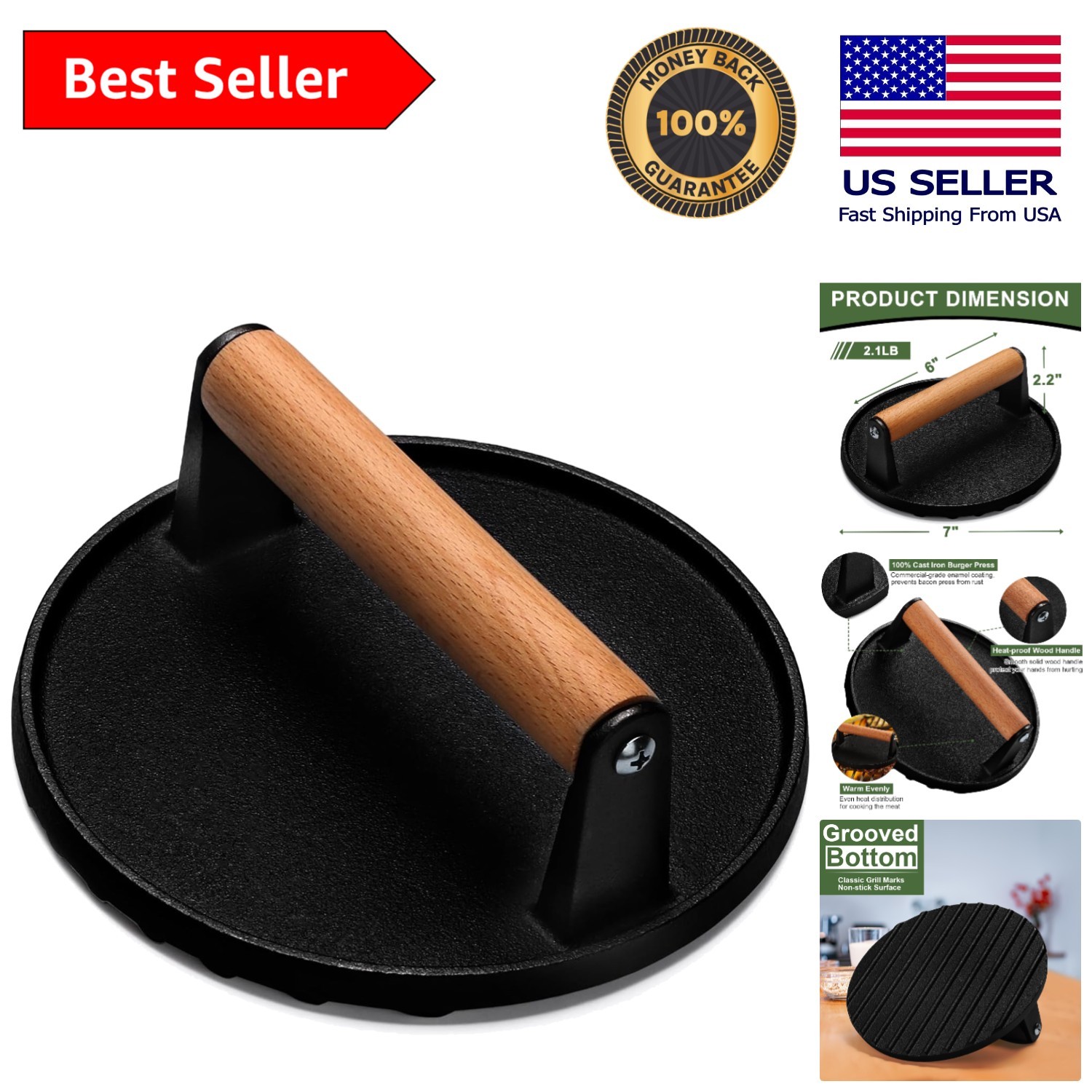 Versatile 7'' Cast Iron Bacon and Burger Press for Indoor & Outdoor Cooking gallery