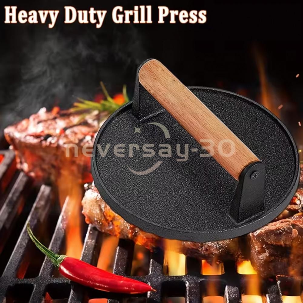 Burger Press 7" Round Heavy-Duty Cast Iron Smash Bacon Press Meat Steak Press gallery