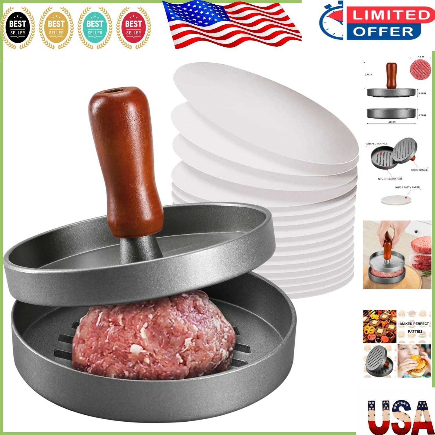 Ergonomic Burger Press Mold - 4.5" Patties with Wooden Handle and Patty Papers gallery