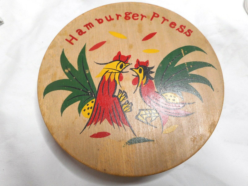 TRANSCO Round Wooden Hamburger Press Roosters Fighting Hinged MCM Japan gallery
