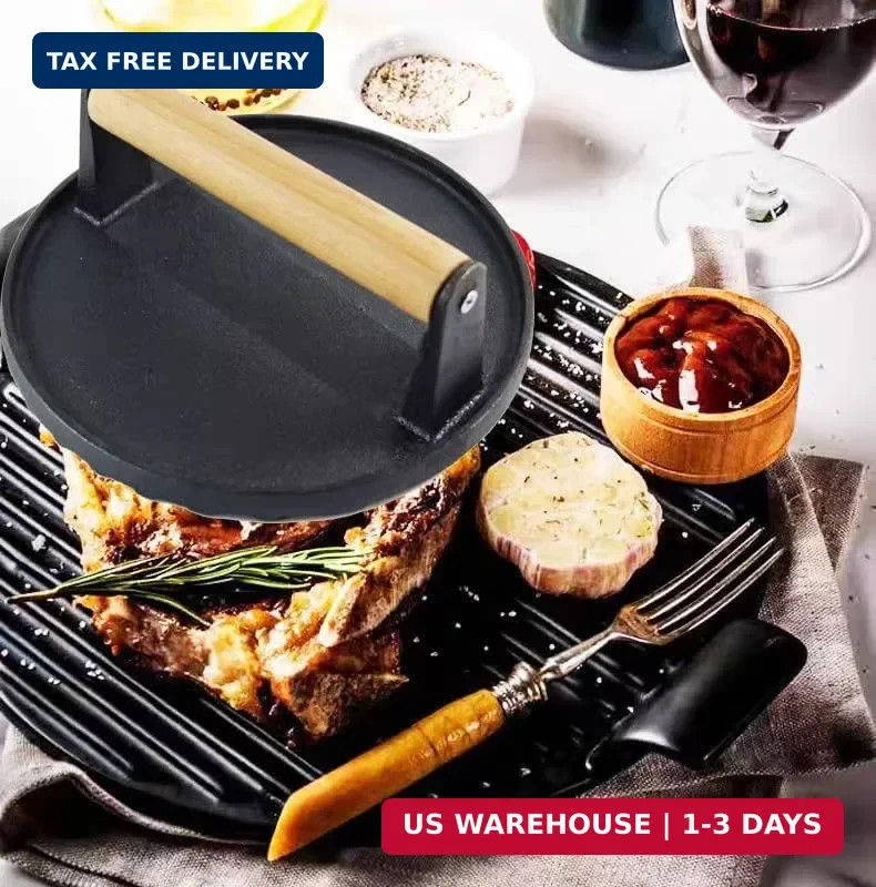 Kitchen Tools 5.7"Cast Iron Smashed Burger Press, Round Flat Edge Grill Press fo gallery