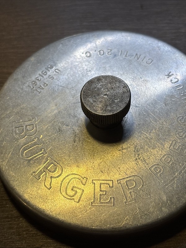 Vintage Heuck Aluminum Hamburger Press with Slide Bar Metal Burger Mold 3-3/4" gallery