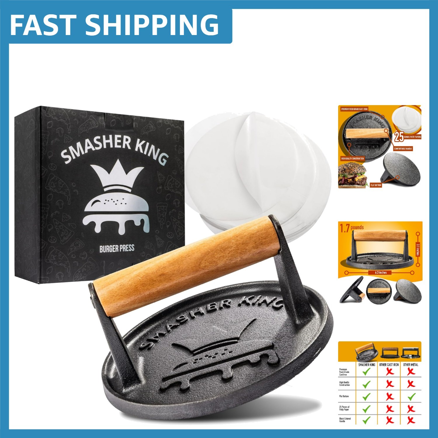 Quality Cast Iron Smash Burger Press Kit - Heavyweight Smasher with Paper Sheets gallery