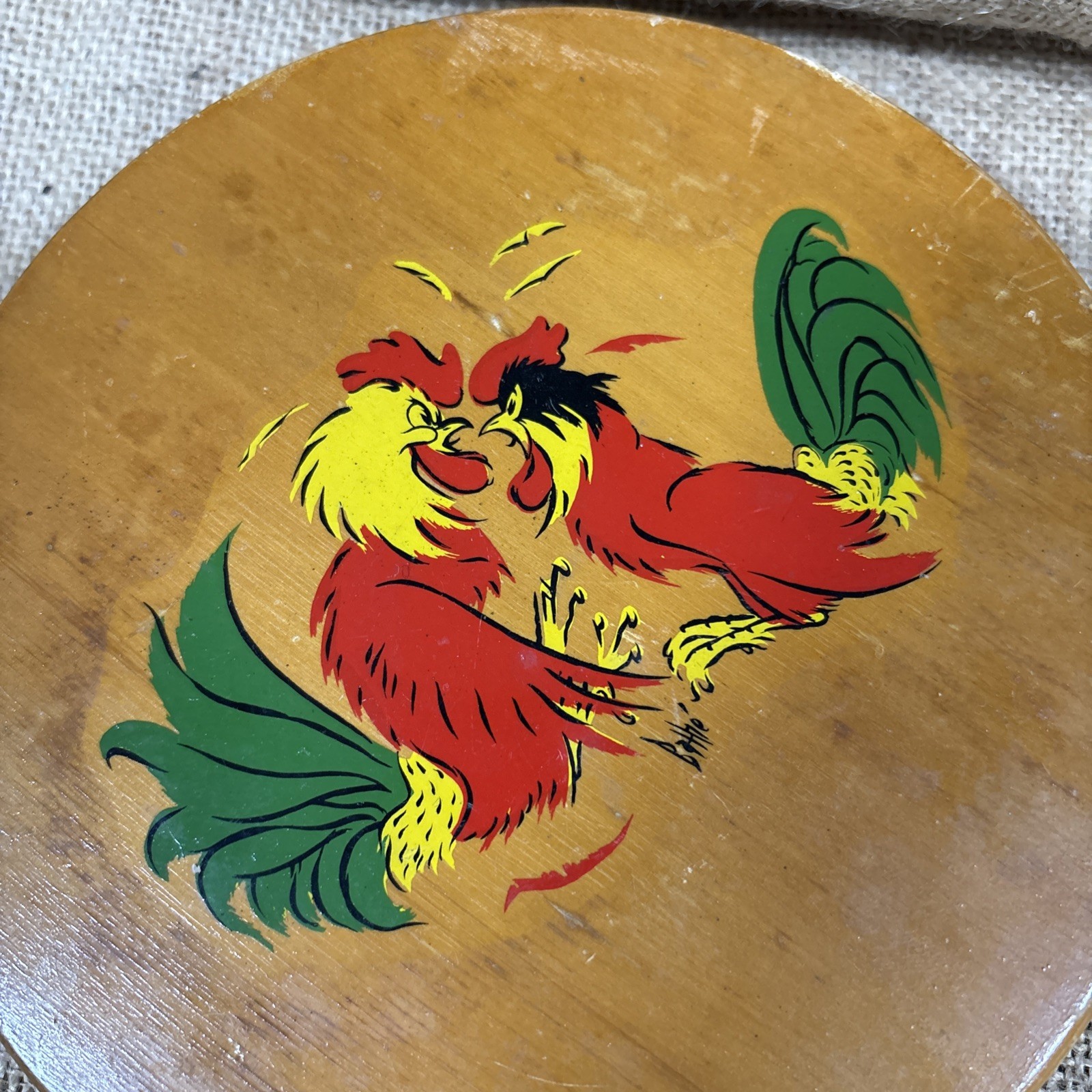 Painted Rooster Wooden Hinged Hamburger Press Vintage gallery