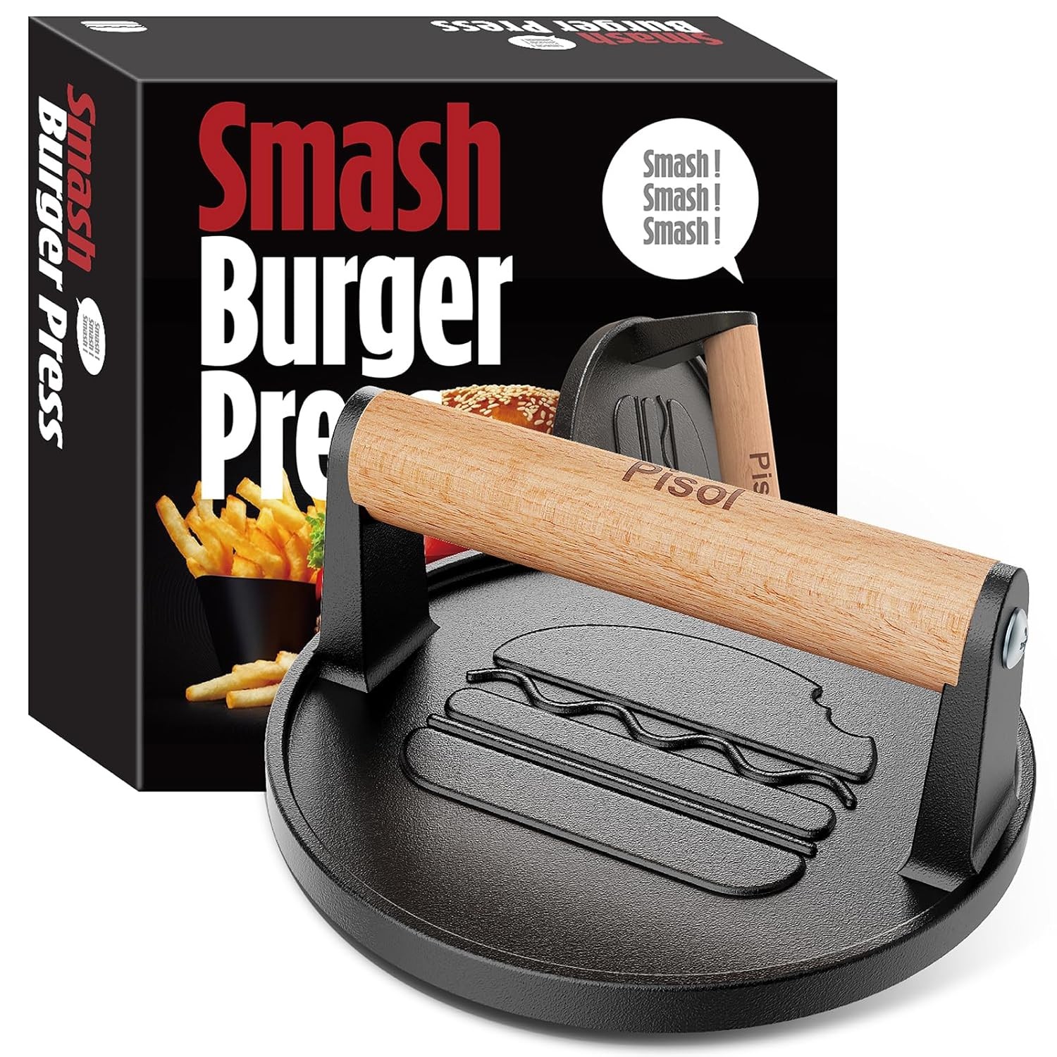 Pisol Smash Burger Press, Pre-Seasoned Cast Iron Hamburger Smasher, 2 lb Heavy-D gallery
