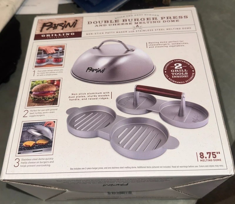 Parini Double Non-Stick Burger Press & Cheese Melting Dome 8.75" NIB. +2 Tools. gallery