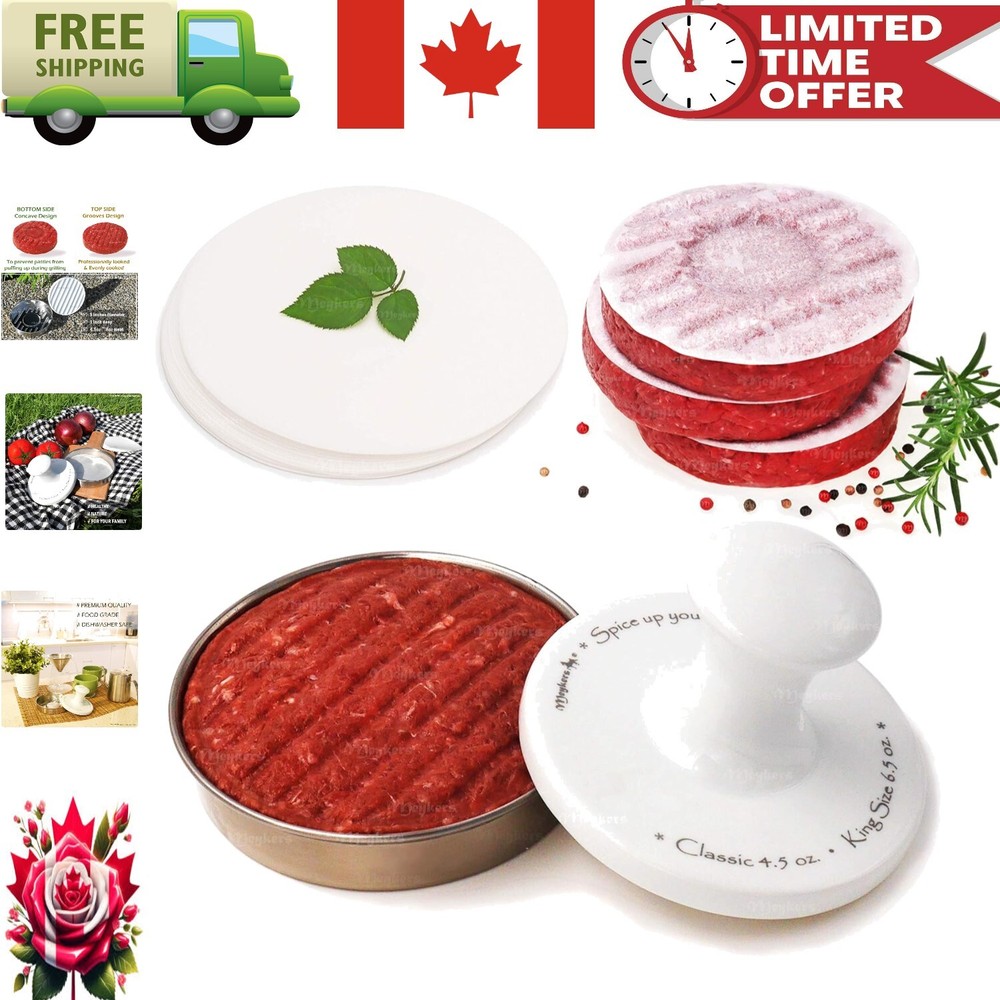 All-in-One Burger Press with 100 Patty Papers - Dishwasher Safe Stainless Steel