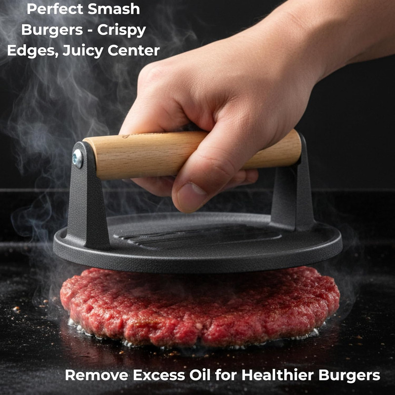 Gamalou® Smash Burger Press Kit: 7” Cast Iron Flat Press, 3-In-1 Hamburger Maker gallery