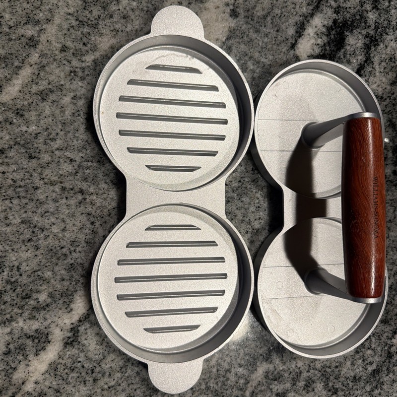 Williams Sonoma Double Hamburger Press Wooden Handle Metal Press Taiwan gallery