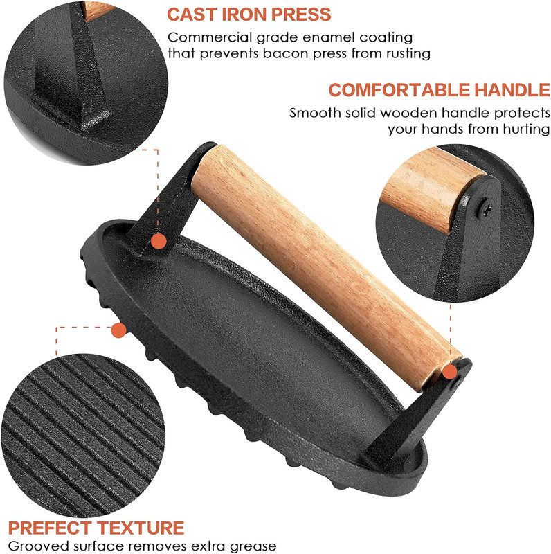 Single Cast Iron Grill Press, Heavy Duty 7In Bacon Burger Press with Wooden Hand gallery