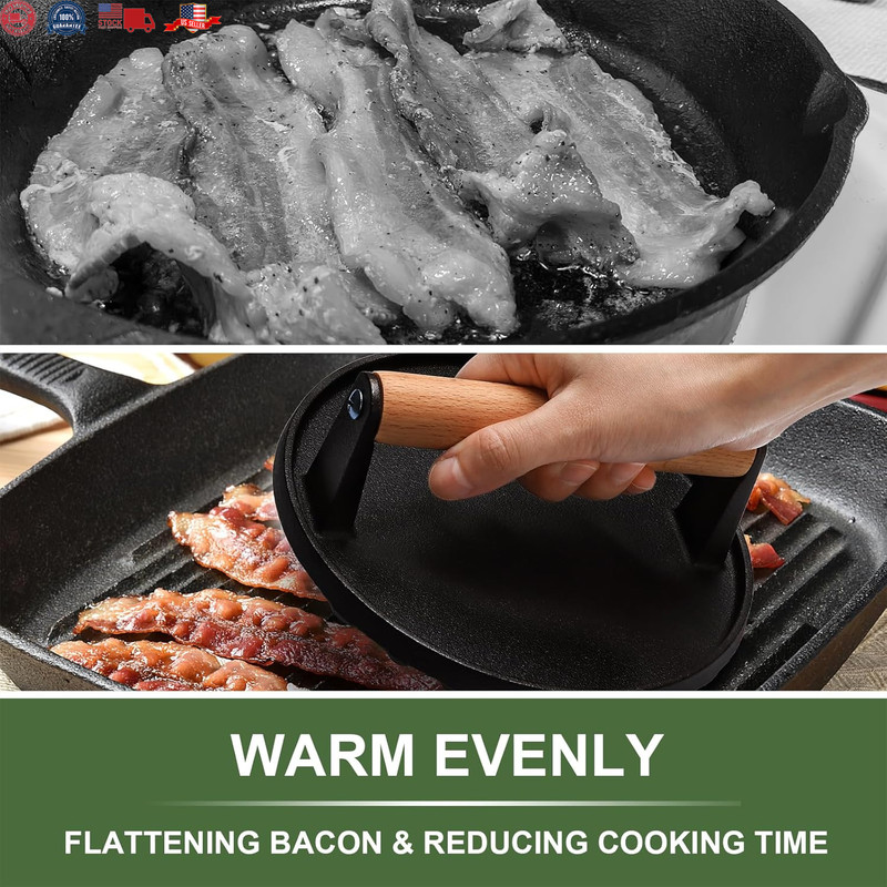 Burger Press, 7" round Heavy-Duty Cast Iron Smash Bacon Press Meat Steak gallery