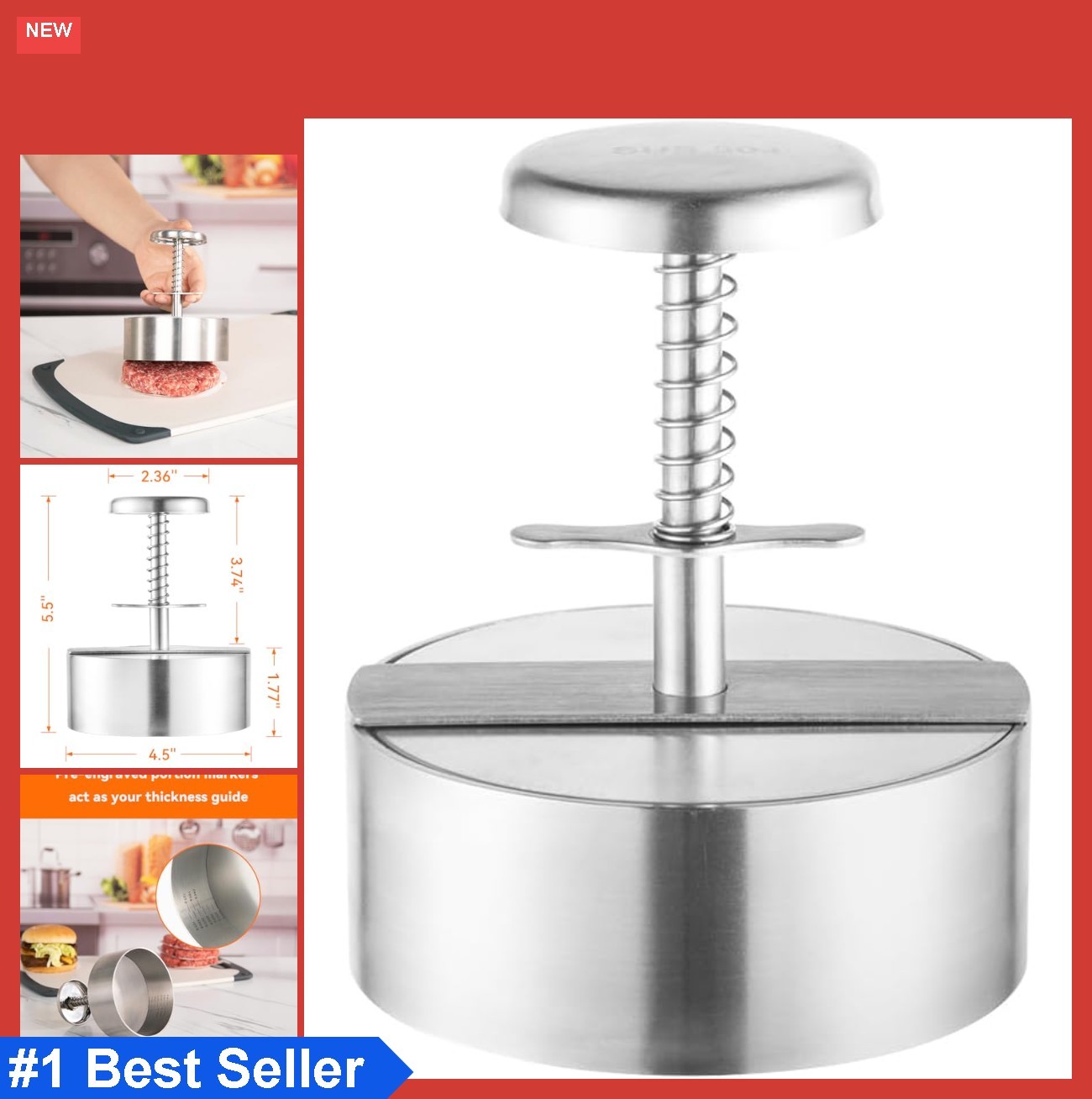 304 Stainless Steel Burger Press 4.5 Inch Heavy Duty Hamburger Patty Maker with gallery