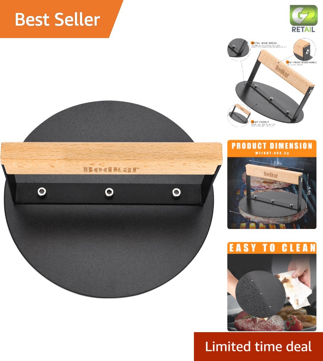 Versatile 6" Burger Press with Wood Handle - Ideal for Bacon & Panini Cooking gallery