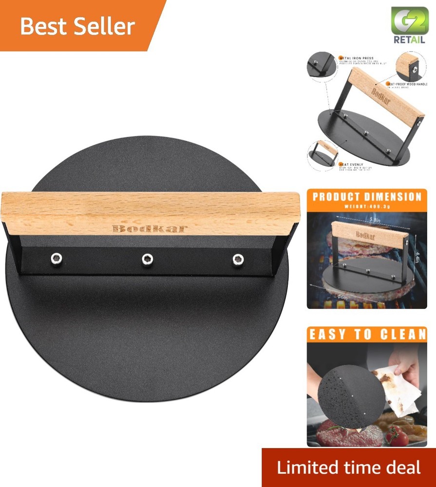 Versatile 6" Burger Press with Wood Handle - Ideal for Bacon & Panini Cooking