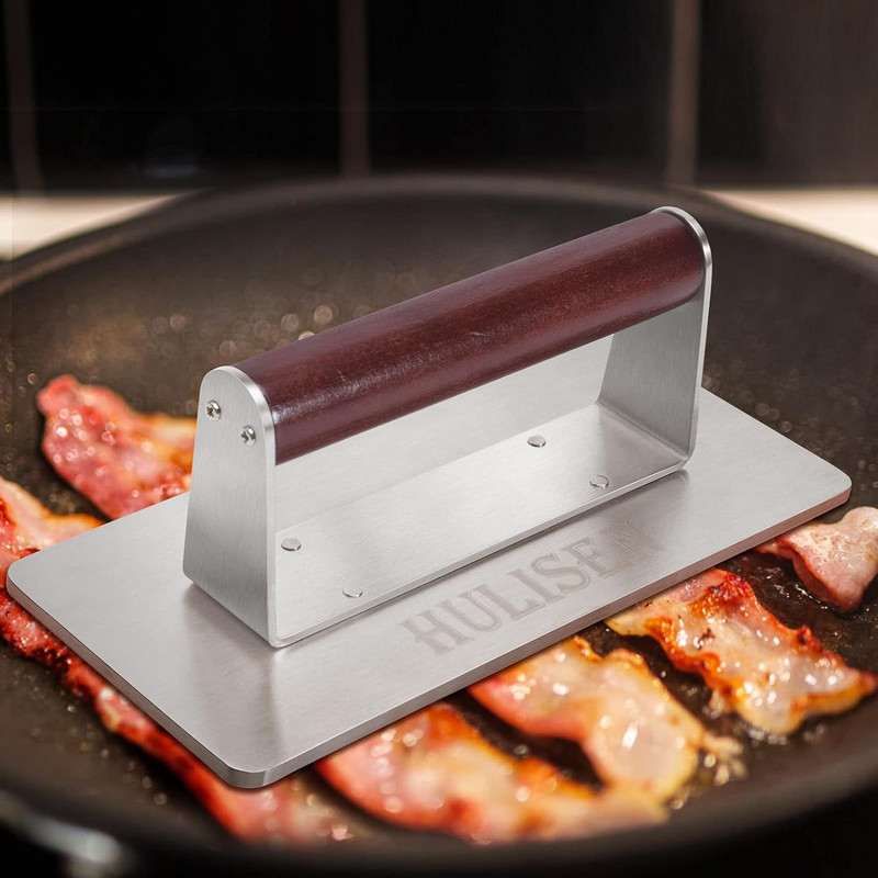 Stainless Steel Bacon Press, 9 Inch Large Heavy Duty Burger Press with Wood Hand gallery