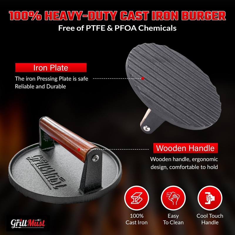 Grill Burger Press Premium Bacon Set: 7″ Meat Cast Iron for Perfectly Griddle gallery