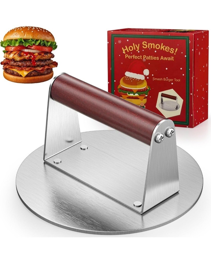 Smash Burger Press 6.3" Round Heavy Duty Stainless Steel Reinforced Wood Handle