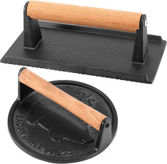 2 Pack Black Cast Iron Grill Press, 7 x7 Inch Round and 8 x 4 Inch Rectangle Hea