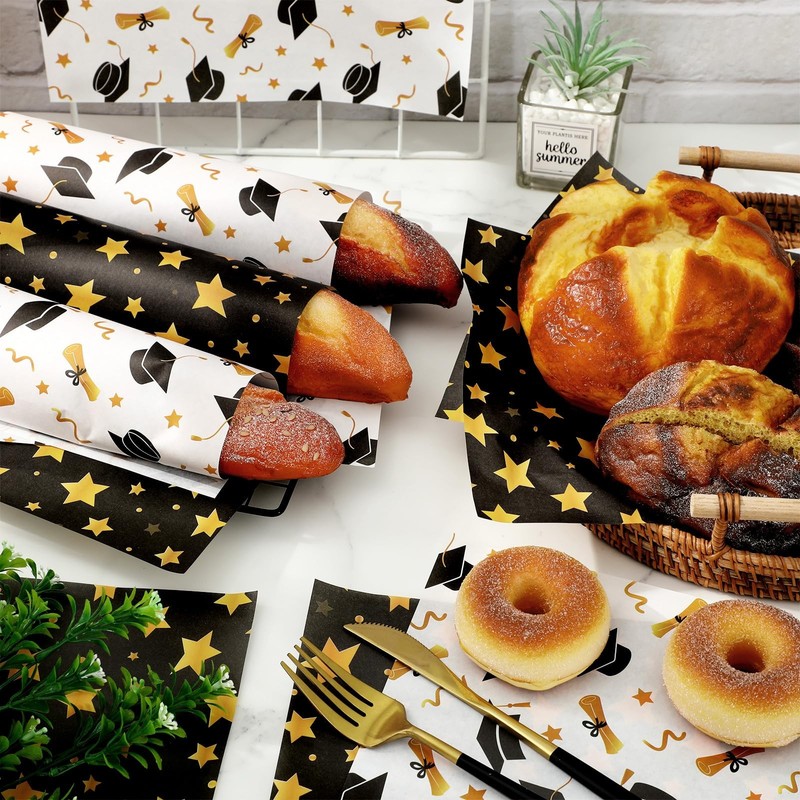 100 Pcs Graduation Wax Paper Deli Wrap Gold Black Graduation Cap Diploma Star Wa gallery