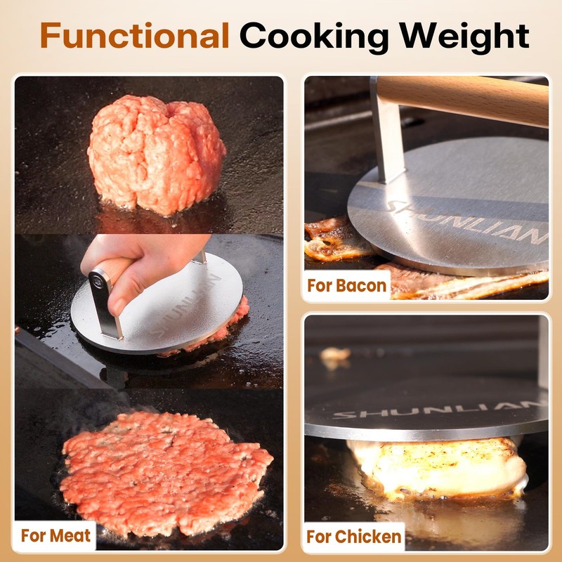 Stainless Steel Burger Smasher, 6 Inch Heavy Duty Grill Press with Wood Handl... gallery