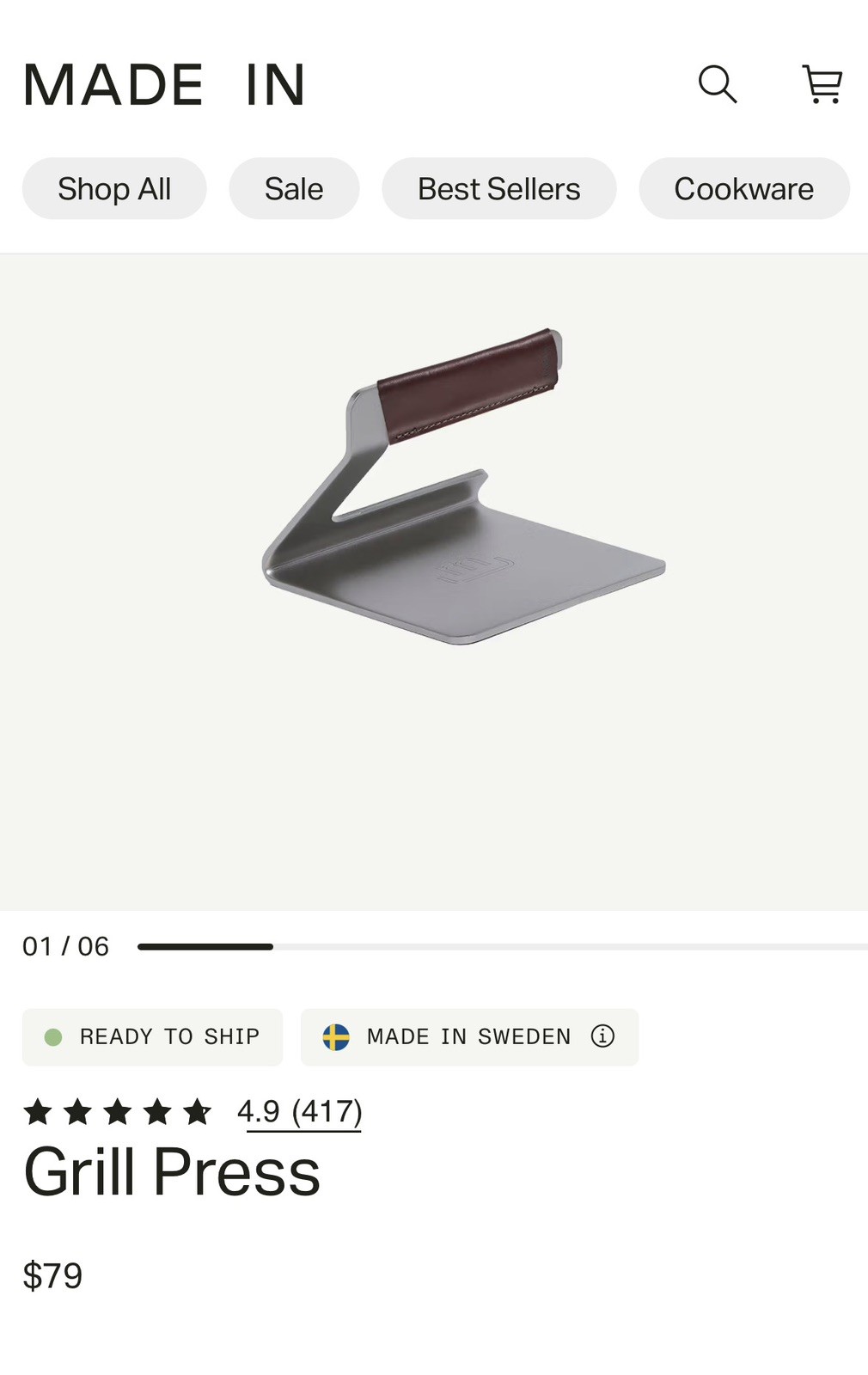 Made In 5.5” Metal Grill Press, Stainless Steel w/ Brown Leather Handle gallery