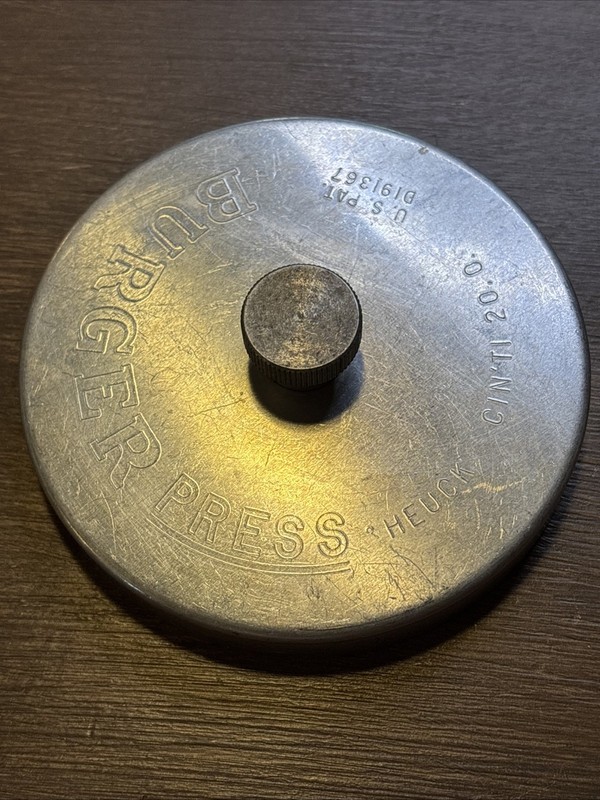 Vintage Heuck Aluminum Hamburger Press with Slide Bar Metal Burger Mold 3-3/4" gallery