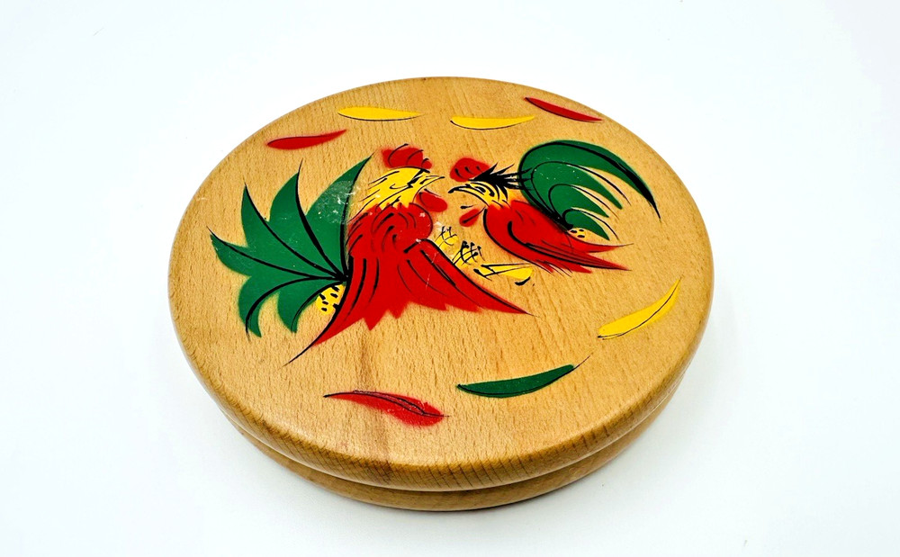 Vintage Painted Roosters Wooden Hamburger Patty Press Made In Japan