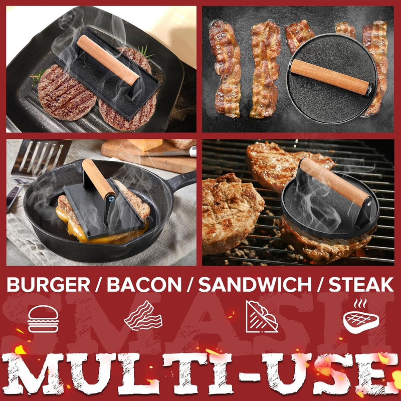 Smash Burger Press Kit, 3 in 1 Hamburger Press Patty Maker, Black Cast Iron Burg gallery