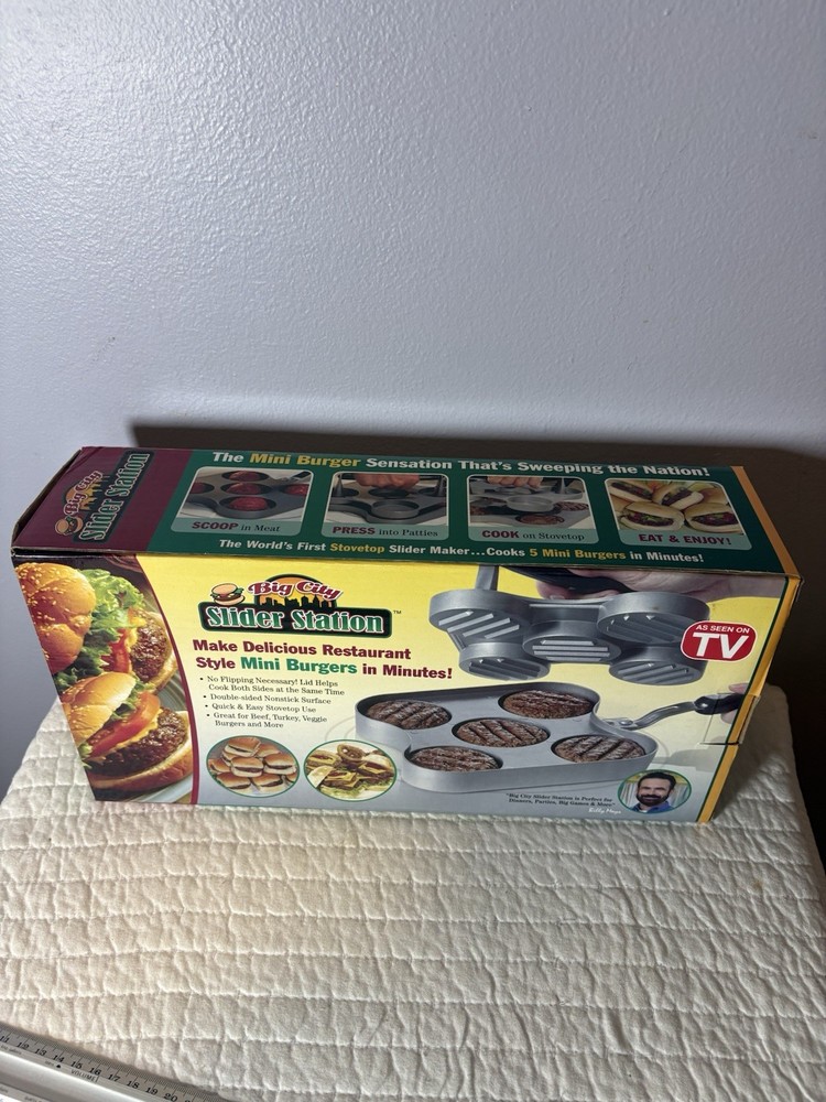 Big City Slider Station Cookware Grill Press Makes 5 Mini Burgers New