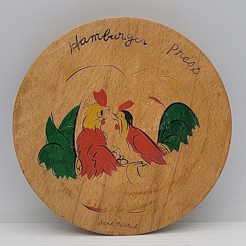 Wood Hinged Hamburger Press Hand Painted Fighting Roosters Vintage Japan 1950s gallery