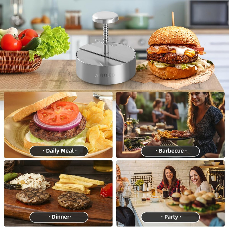 Burger Press with Patty Maker100-Sheet Baking Paper, Stainless Steel Grill Burge gallery