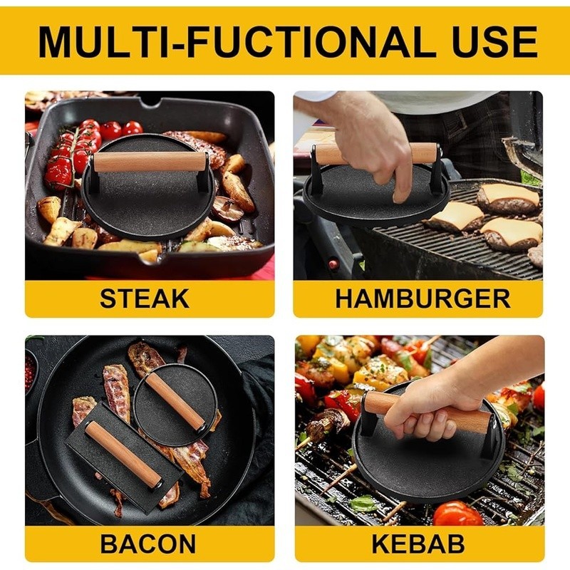 Food-Grade Cast Iron Burger Press W/ Wood Handle Easy Cooking & Grill Marks New gallery