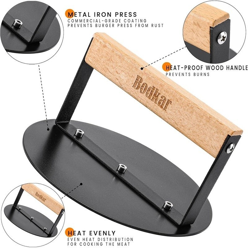 6 Inch Burger Smasher Grill Press Iron Metal Flat Smooth Handle Cooking Tool New gallery