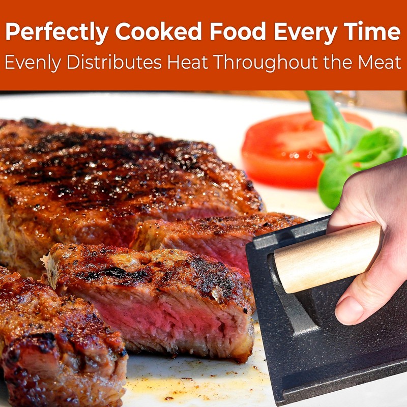 Versatile Safetouch 8x4in Cast Iron Grill Weight 1pc. Meat Press With Wooden Han gallery