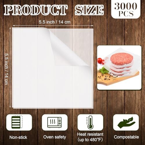 3000 Non-Stick Hamburger Patty Paper Squares 5.5"x5.5" for Food Prep & Baking gallery