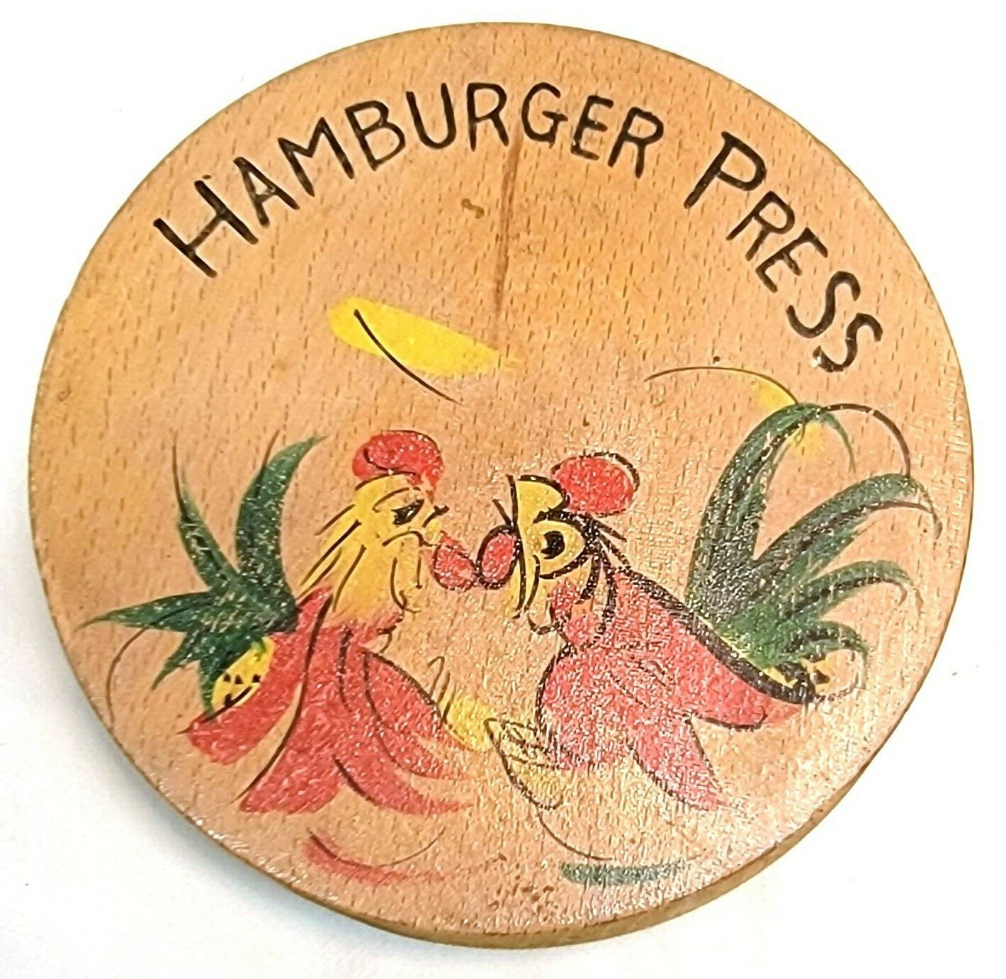 Vintage Chicken Hamburger Burger Press Wooden Hand Painted Fighting Rooster gallery