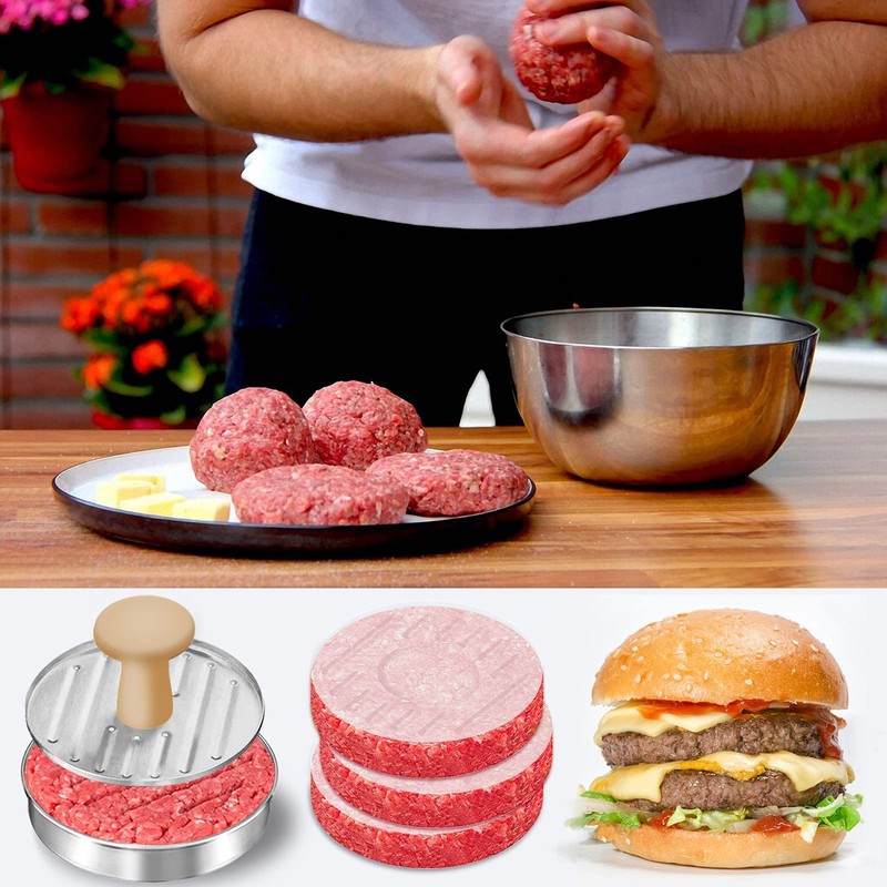5" Stainless Steel Hamburger Press Patty Maker with 100 Pcs Wax Paper Sheets gallery
