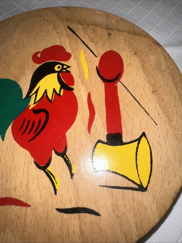 Vtg Rooster and Axe Hamburger Press Wood Hinged MCM Folk Art Kitchen Decor Read gallery