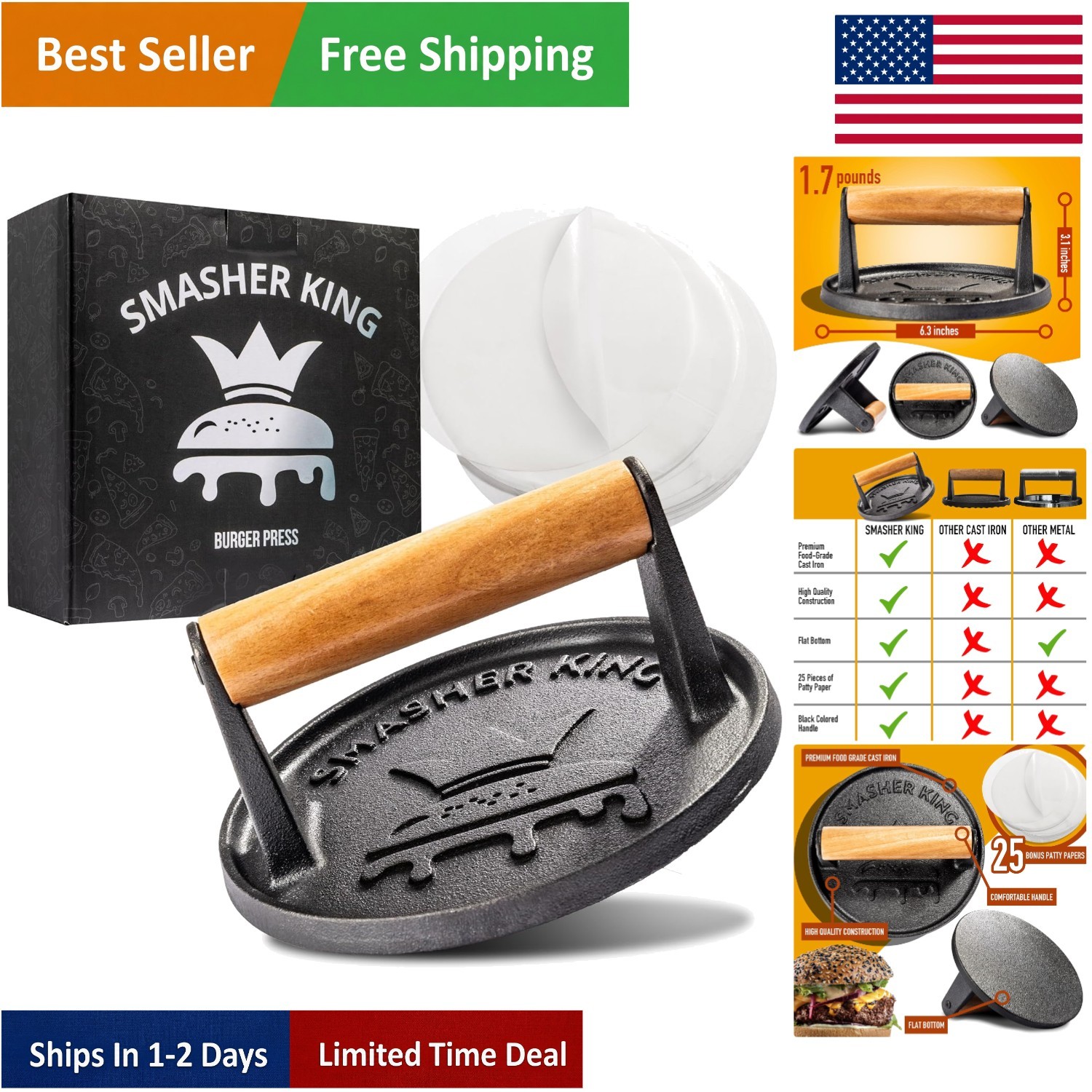 Versatile Cast Iron Burger Press and Smasher - Includes Parchment Paper Sheets gallery
