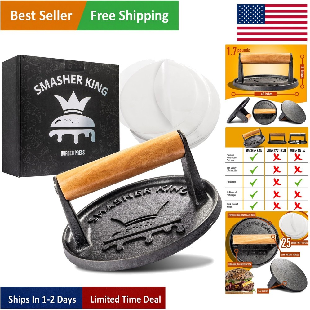 Versatile Cast Iron Burger Press and Smasher - Includes Parchment Paper Sheets