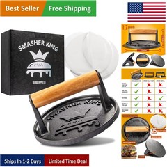 Versatile Cast Iron Burger Press and Smasher – Includes Parchment Paper Sheets