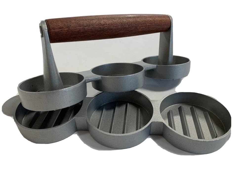 Mini Hamburger Patty Slider Press | Makes 3 | Metal w/ Wooden Handle | 10" Long