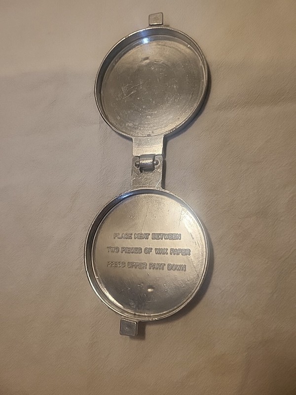 Vintage Aluminum Hamburger Patty Press, Cow Embossed Design gallery