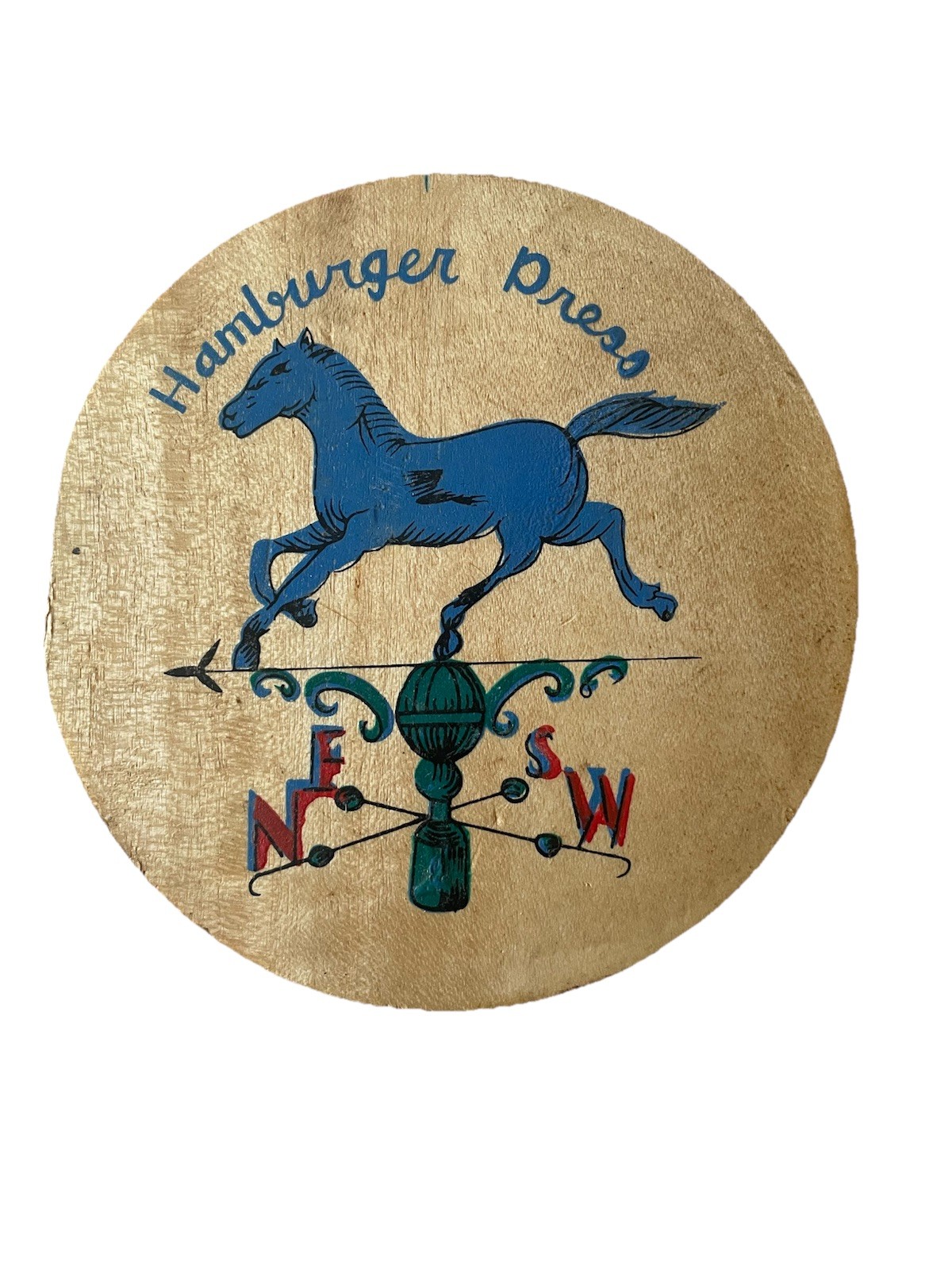 Vintage Wooden Hamburger Press Hand Painted Blue Horse Weather Vane Multi Color gallery