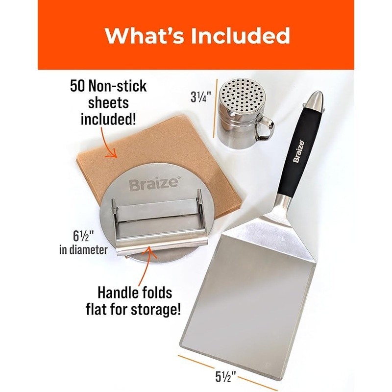Complete Burger Press Kit Stainless Steel Spatula Spices Juicy Smash Burgers New gallery